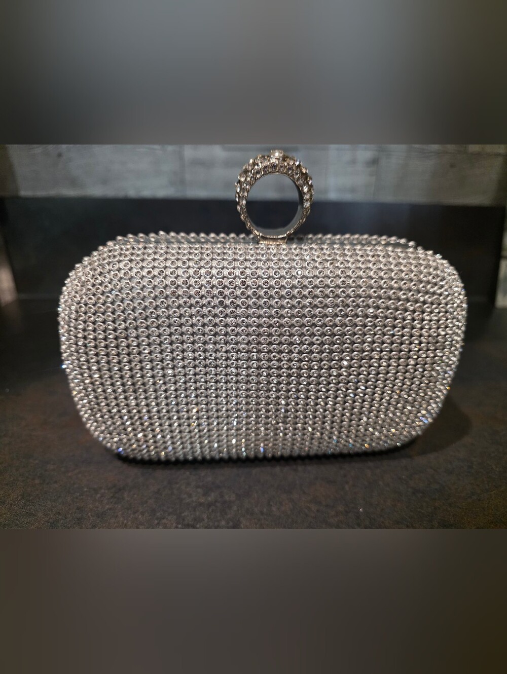 Silver Crystal Evening Clutch Bag with Ring Handle